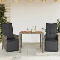 vidaXL 3-tlg. Garten-Bistro-Set mit Kissen Grau Poly Rattan