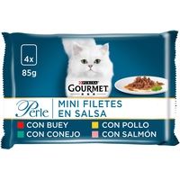 Gourmet Purina Perle Mini Filets in Sauce, Nassfutter für Katzen mit Ochsen, Huhn, Kaninchen und Lachs, 12 Packungen mit 4 Beutel à 85 g - 48 Beutel