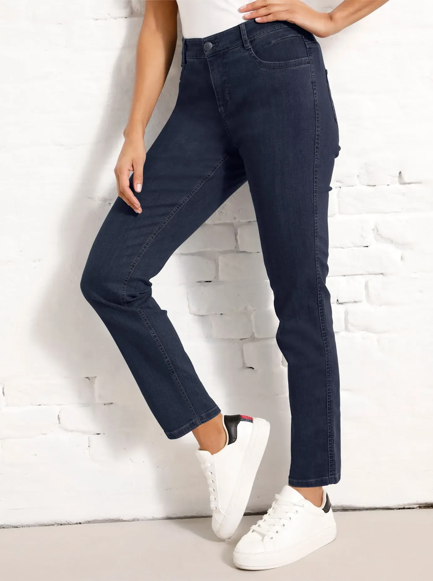 Stretch-Jeans ASCARI, Damen, Gr. 44, Normalgrößen, blau (dunkelblau), 91% Baumwolle, 6% Polyester, 3% Elasthan, unifarben, lang, Jeans