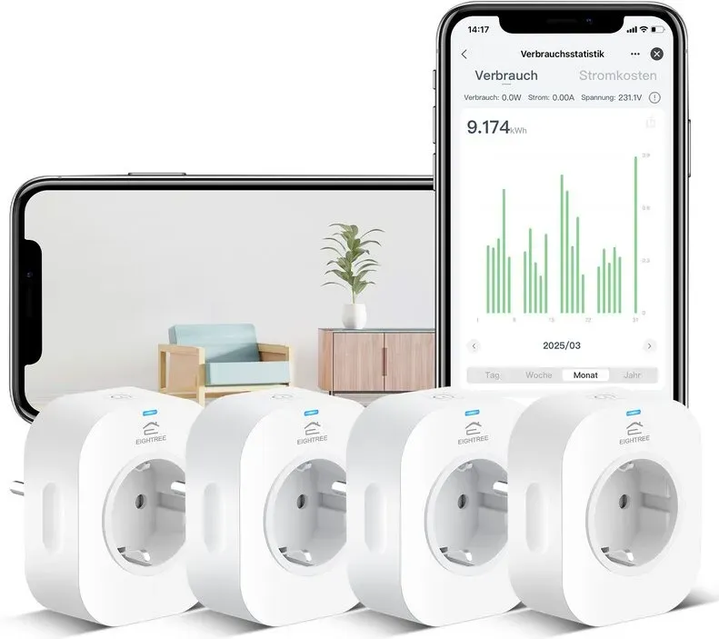 EIGHTREE WLAN Smart Steckdose mit Strommessung, WiFi Steckdose mit App-Steuerung, Zeitplan & Fernzugriff, kompatibel mit Alexa, Google Home & SmartThings, nur 2,4 GHz, 16A, 4er Packs