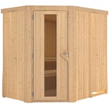 Woodfeeling Karibu Sauna Saja - 68 mm Systemsauna - 230 Volt Plug & Play-Ohne Ofen-Ohne Dachkranz- Energiesparende Saunatür inkl. 8-teiligem gratis Zubehörpaket (Gesamtwert 191,92€)