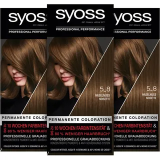 Syoss Color Coloration 5_8 Haselnuss Stufe 3 (3 x 115 ml), permanente Haarfarbe für bis zu 10 Wochen Farbintensität und 70% weniger Haarbruch*