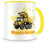 Samunshi® Kindertasse mit Namen Tasse Kipplaster LKW Personalisierte Tasse mit Namen Kinder Kinderbecher mit Namen Kindergarten gelb 300ml