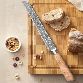Zayiko Kinone Damast langes Brotmesser I 23 cm Klinge I Wurzelholzgriff Birke