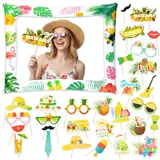 YINGENIVA 30 Stück Hawaii Fotobox Accessoires Set mit Aufblasbarem Fotorahmen, Foto Requisiten & Party Deko für Sommer, Strand, Geburtstag, Hochzeit, Aloha Party, Tropic Theme