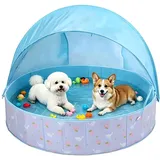 Hundepool Faltbar mit Sonnendach, 120x30cm Hundebadewanne mit Ablaufventil, rutschfeste Verdicktes PVC Planschbecken für Große Hund & Kinder, Tragbarer Hundeplanschbecken (Blau)