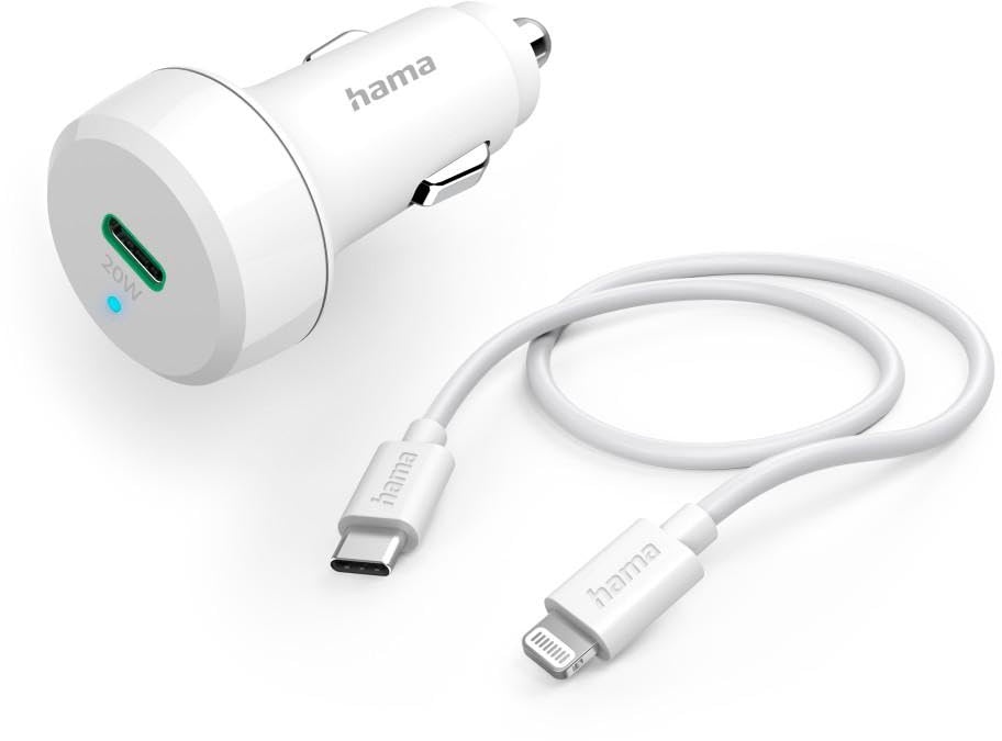 Hama KFZ Ladegerät 20W (USB C - Lightning, Power Delivery, 1m, für Apple iPhone, schnell, Zigarettenanzünder-Buchse Auto) weiß