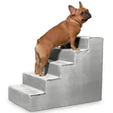 VELORA H&L Hundetreppe 5 Stufen Silber - Stabile Holzkonstruktion mit Veloursbezug, rutschfeste Hundetreppe für Sofa und Bett, Haustiertreppe für Hunde und Katzen, Belastbar bis 80 kg