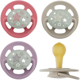 Nip - Cherry Green Night | ab 6 Monaten | 4er Pack | Kirschform | Stillfreundlicher, zahnfreundlicher Babyschnuller. Leuchtet im Dunkeln. Nachhaltiger Schnuller aus natürlichen Rohstoffen, Lila/Rot