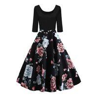 AXOE Damen Rockabilly Kleid Langarm 60er Jahre mit Blumenmuster Partykleid Farbe 6B, Gr.46, 3XL - 3XL