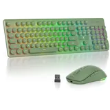 SOLIDEE Beleuchtetes Kabellose Tastatur und Maus Set, 2.4 GHz Wiederaufladbar, Grüne Retro Schreibmaschinen-Tastatur mit Leuchtenden Runde Tasten + USB-Empfänger für PC Laptop Windows(Dark Green)