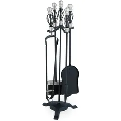 Relaxdays Kaminbesteck, 5-teiliges Set, Schürhaken, Ascheschaufel, Besen, Zange & Ständer, Kamingarnitur, schwarz/silber