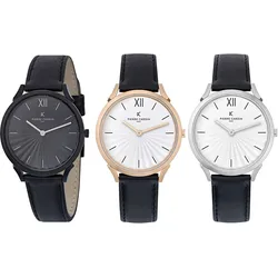Pierre Cardin Damen Armband-Uhr schlichtes Ziffernblatt analoge Quarz-Uhr mit Leder-Armband 3ATM 40mm CPI.200 Schwarz, Schwarz/Gold oder Schwarz/Silber - 