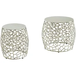 KADIMA DESIGN Beistelltisch 2er Set Aluminium Silber Design Satztisch Metall Rund, Wohnzimmertisch Couchtisch Ast-Struktur Modern, Sofatisch 2-teilig