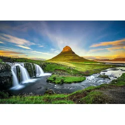 Fototapete PAPERMOON "KIRKJUFELL-WASSERFALL FLUSS ISLAND BERG SONNENUNTERGANG", bunt, B:4,50m L:2,80m, Vlies, Tapeten