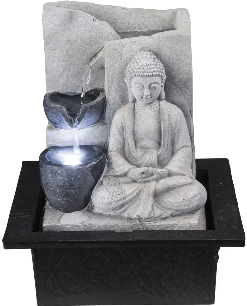 Tischbrunnen mit Pumpe Springbrunnen mit LED Beleuchtung Buddha Design Zimmerbrunnen grau Wohnzimmer Schlafzimmer Dekoration, LxBxH 21x18,5x25,5 cm