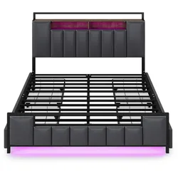 Merax Doppelbett Metallbett, LED Polsterbett 140x200cm mit USB-Aufladen und 4 Schubladen, Grau