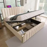 MODFU Boxspringbett Hydraulisches 140 x 200 cm mitmit Kopfteil mit USB Typ-C Ladefunktion, Polsterbett Doppelbett Stauraumbett mit Bettkasten Staur... - Beige