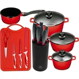 15tlg. KING Vorteilsset ROT: 4tlg. Kochtopfset Aluguss Rot, 3xKochtöpfe in Ø16,Ø20,Ø24cm, 1xStieltopf Ø16cm + 6tlg. Messerset KING® CARBON RE...