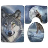 MOON WOLF Rutschfeste Badematten Set 3 Teilig Badvorleger Set inkl. Badteppich/Konturmatte/WC-Deckelbezug