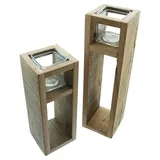 Dekoleidenschaft 2X Windlicht-Säule Wood aus Holz & Glas, 30 + 40 cm hoch, Kerzenhalter aus recyceltem Holz, Kerzenständer, Deko-Säule für Wohnzimmer, Holzsäule mit Kerzenglas