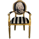 Casa Padrino Barock Esszimmerstuhl Marilyn Monroe Schwarz / Weiß / Gold - Handgefertigter Antik Stil Stuhl mit Armlehnen - Esszimmer Möbel im Barockstil
