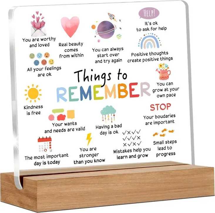 Alphynix Selbstbestätigungs-Plakette aus Acryl, Standfuß aus Holz, 1 Stück, Motiv mit aufmunternden Botschaften: „Du bist wertvoll und geliebt“ & „Fehler lernen dich“, Mental-Wellness-Schreibtisch-Dekoration