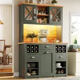 Merax 188cm Küchenschrank mit LED & Glastür, Buffetschrank Sideboard für Küche mit Arbeitsplatten, Schubladen, Weinschrank, Verstellbare Regalböden, Hochschrank Küchenbuffet Vorratsschrank, Grün