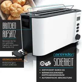 Arendo Toaster 4 Scheiben, Langschlitztoaster, Langschlitz, Edelstahl, 1500W, Display mit Restzeitanzeige, Brötchenaufsatz, Defrost Funktion, Wärmeisolierendes Gehäuse, Weiß