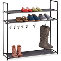 Relaxdays Schuhregal 3 Ebenen, Stecksystem, für 12 Paar Schuhe, 7 Stiefelhaken, Metall & Stoff, Schuhablage, schwarz