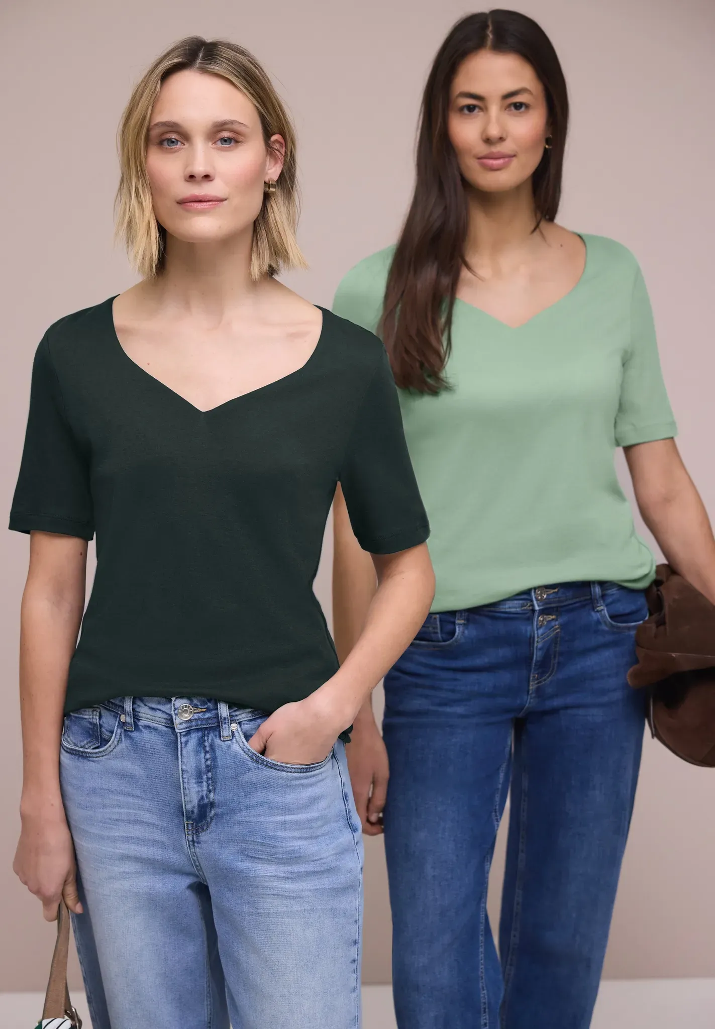 T-Shirt STREET ONE, Damen, Gr. 46, mint leaf, deep bound grün, Web, 50% Baumwolle, 50% Modal, unifarben, normal normal, Rundhals, abgesteppt, Shirts T-Shirt, im soften Baumwoll-Mix