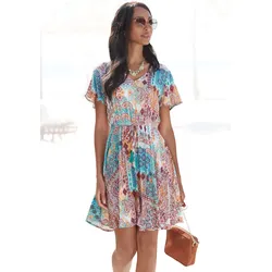 Druckkleid LASCANA, Damen, Gr. 42, N-Gr, bunt (bunt bedruckt), Cru00eape, Obermaterial: 100% Viskose, bedruckt, modisch, figurumspielend kniefrei, V-Ausschnitt, Kurzarm, Kleider, aus gekreppter Viskose, farbenfrohes Sommerkleid, Strandkleid