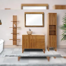 Mendler Teak-Hochschrank HWC-M72, Badschrank, 2 Türen 6 Fächer, hochwertiges B-Grade-Teak (Kernholz, 20-30 Jahre) 181x40x35cm