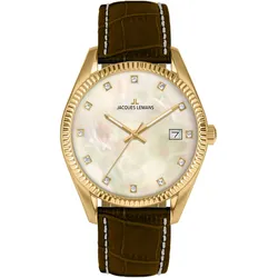 Quarzuhr JACQUES LEMANS "Derby", schwarz (dunkelbraun), Armbanduhren, Damen, Armbanduhr, Damen, analog, Datum, Perlmutt-Zifferblatt, Lederarmband