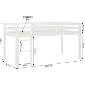 Homestyle4u Hochbett 90 x 200 cm Kiefer massiv weiß grau