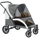 PawHut Hundewagen Hundebuggy klappbar für große Hunde & Katzen bis 30 kg Katzenbuggy mit Kissen Netzfenstern Türen Aufbewahrungstasche Katzenwagen mit Sicherheitsleinen, Bremsen, Buggy Dunkelgrau