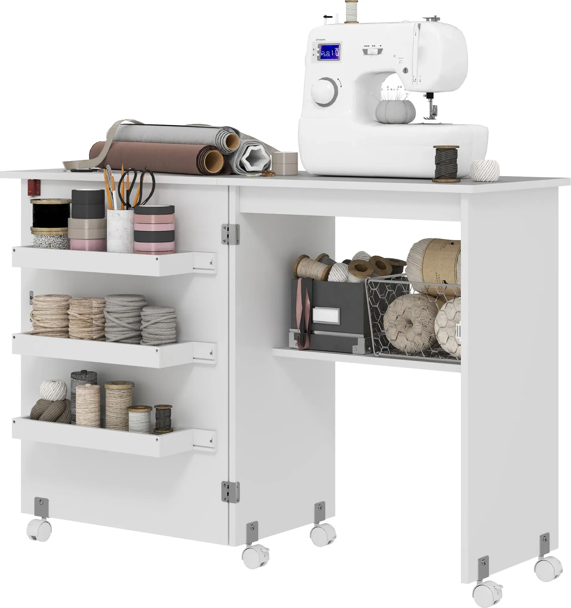 HOMCOM Klappbarer Nähtisch mit Aufbewahrungsfächern, offenem Regal und Rollen, Nähtisch für Nähmaschine, für Wohnzimmer, Büro, Studio, Abm. 118 x 40 x 79,5 cm, Weiß   Aosom