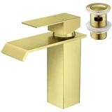 CREA Wasserhahn Bad Wasserfall, Waschtischarmatur mit Ablaufgarnitur, Mischbatterie Bad mit Auslauf Höhe 10,7cm, Hochdruck Armatur Waschbecken für Badezimmer,Gebürstet Gold
