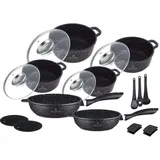 Edenberg 17 tlg. Topf-Set mit schönen schwarz marmorierten Töpfen in 4 verschiedenen Größen sowie zwei Pfannen, und Küchenutensilien. perfekte Geschenkidee - Schwarz