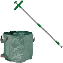 Relaxdays Unkrautstecher mit Gartenabfallsack, selbststehend, wasserdicht, Unkrautausstecher Langer Stiel, 99 cm, grün