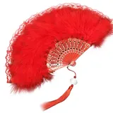 Damen Fächer Feder,20er Jahre Vintage-Stil mit Marabou-Feder Hochzeitsfächer Faltfächer Tanzfächer Spanische Viktorianischen Faltbhandfächer Damen Kostüm Tanzpartys Flapper Zubehör für Frauen,Rot