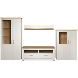 trendteam smart living - Shade - Wohnzimmerkombination - Weiß/Eiche - Vitrine hoch, TV-Unterteil, Wandboard, Vitrine halbhoch - (BxHxT) 368 x 194 x 45 cm - silberfarbene Griffe