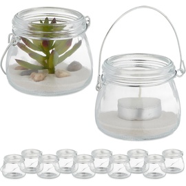 Relaxdays Windlicht, 12er Set, aus Glas, mit Henkel, innen & außen, Teelichthalter, HxD 6,5 x 7,5 cm, transparent/Silber