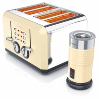 Arendo Frühstücks-Set im Retro Style - 4-Scheiben Toaster & Milchaufschäumer in Beige