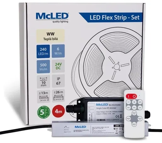 McLED LED-Band - Satz 4 m + Empfänger Nano IP67, 240 LED/m, WW, 6 W/m, DC 24V, 500 lm/m, CRI90, IP67, 10 mm, Konduktor 3 m ML-126.034.90.S04002