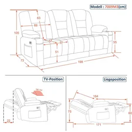 MCombo M MCombo 3 Sitzer Sofa mit Schlaffunktion, 3er Relaxsofa mit Taste 150° Verstellbar, Kinosessel mit Liegefunktion, 7009 (Grau) - Grau