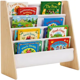Relaxdays Kinderbücherregal 4 Stofftaschen 63 x 39 x 60 cm Kiefer massiv weiß