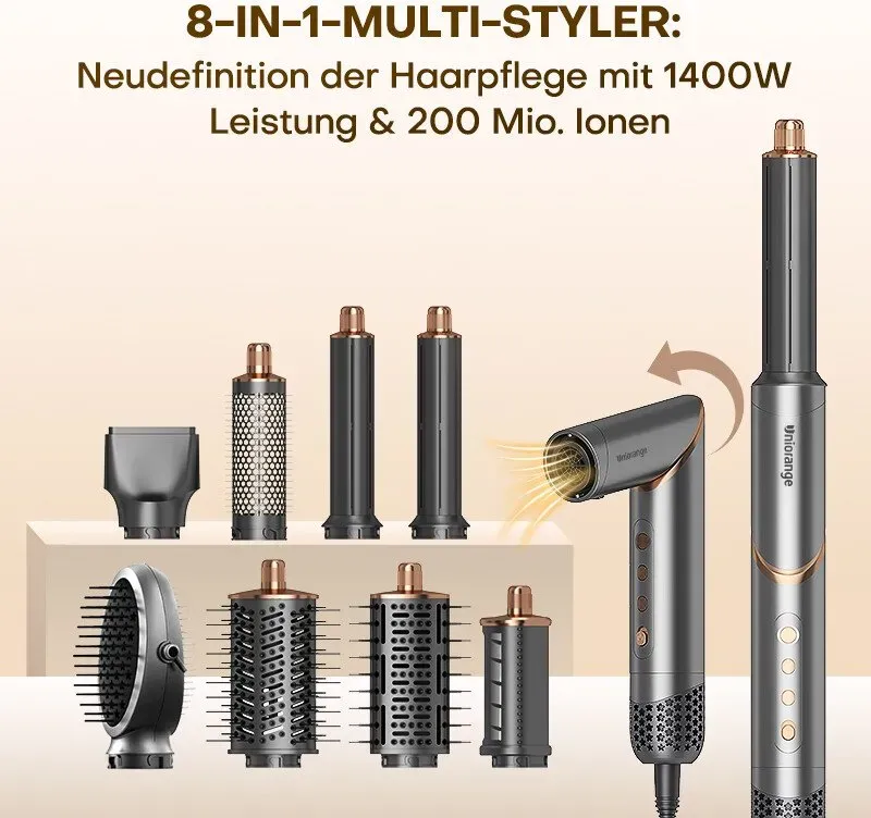 Uniorange M8 8-in-1 Multi-Styler Haartrockner, 1400W Leistung & 200 Mio. Ionen, 110.000 U/min Hochgeschwindigkeitsmotor, Trocknet 4x Schneller, Vollständiges Zubehörset Inklusive
