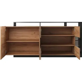 vente-unique 4-türige Kommode mit 4 Nischen und LED-Beleuchtung - Natürliches Licht und Anthrazit - IDESIA