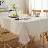 Pair Runde, Fleckenabweisende Tischdecke Aus Beigefarbenem Baumwoll-leinen-mischgewebe Mit Fransen, Waschbar, 150 Cm Durchmesser.